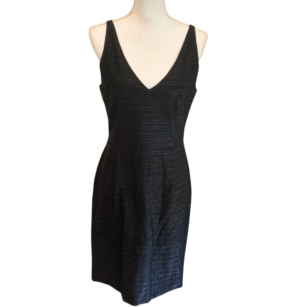 Black Metallic Sheath Sleeveless Zip Dress Womens A- Line V-Neckline Size 6